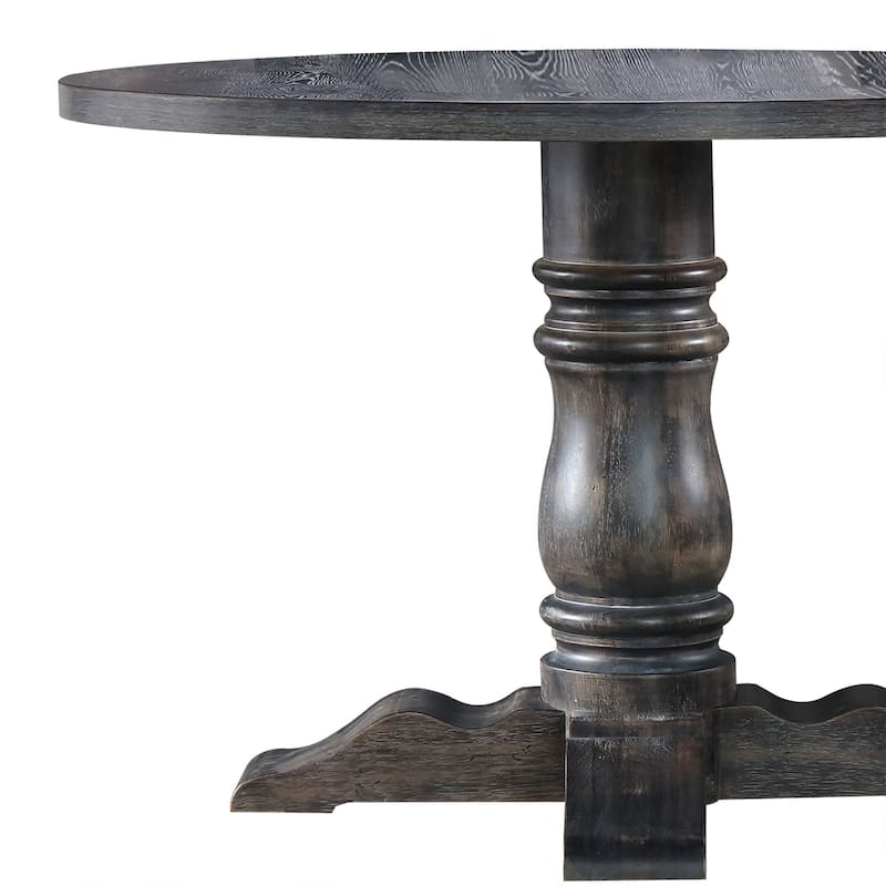 Wooden Round Dining Table With Heavy Pedestal Feet, Weathered Gray