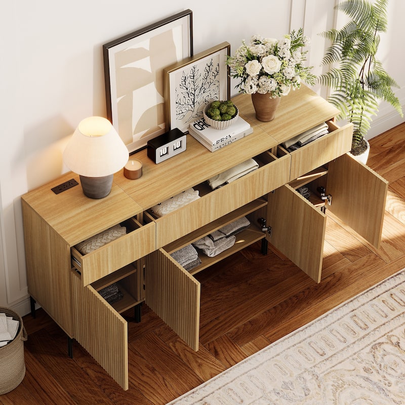 63" Wooden Reeded Sideboard With Doors And Drawers, 3-In-1 Modern Credenza With Charging