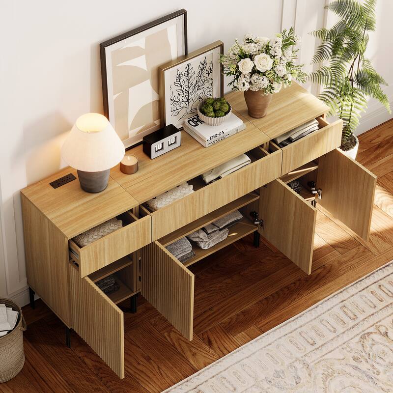 Modern Reeded Dresser TV Stand For Tvs Up To 75 Inch, Entertainment Center With Charging Station