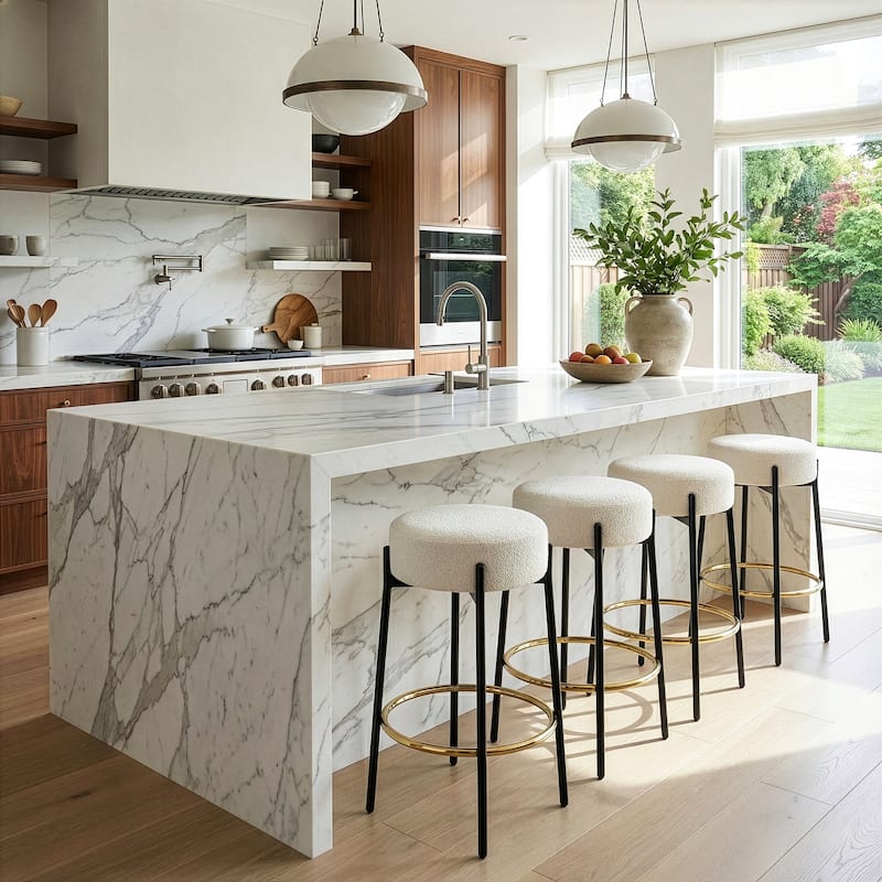 Set of 2 Avner Beige Boucle Backless Counter Stool with Black Metal Legs