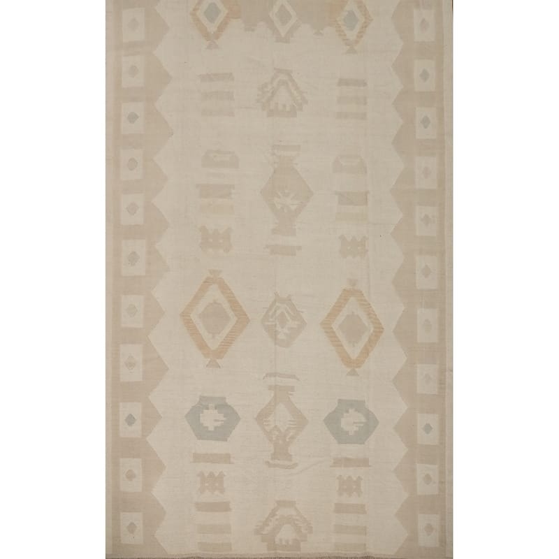 Hand Woven Oriental 100% Wool Carpet Southwestern Tribal Beige & Ivories Kilim Area Rug - 11' 8'' X 8' 11''