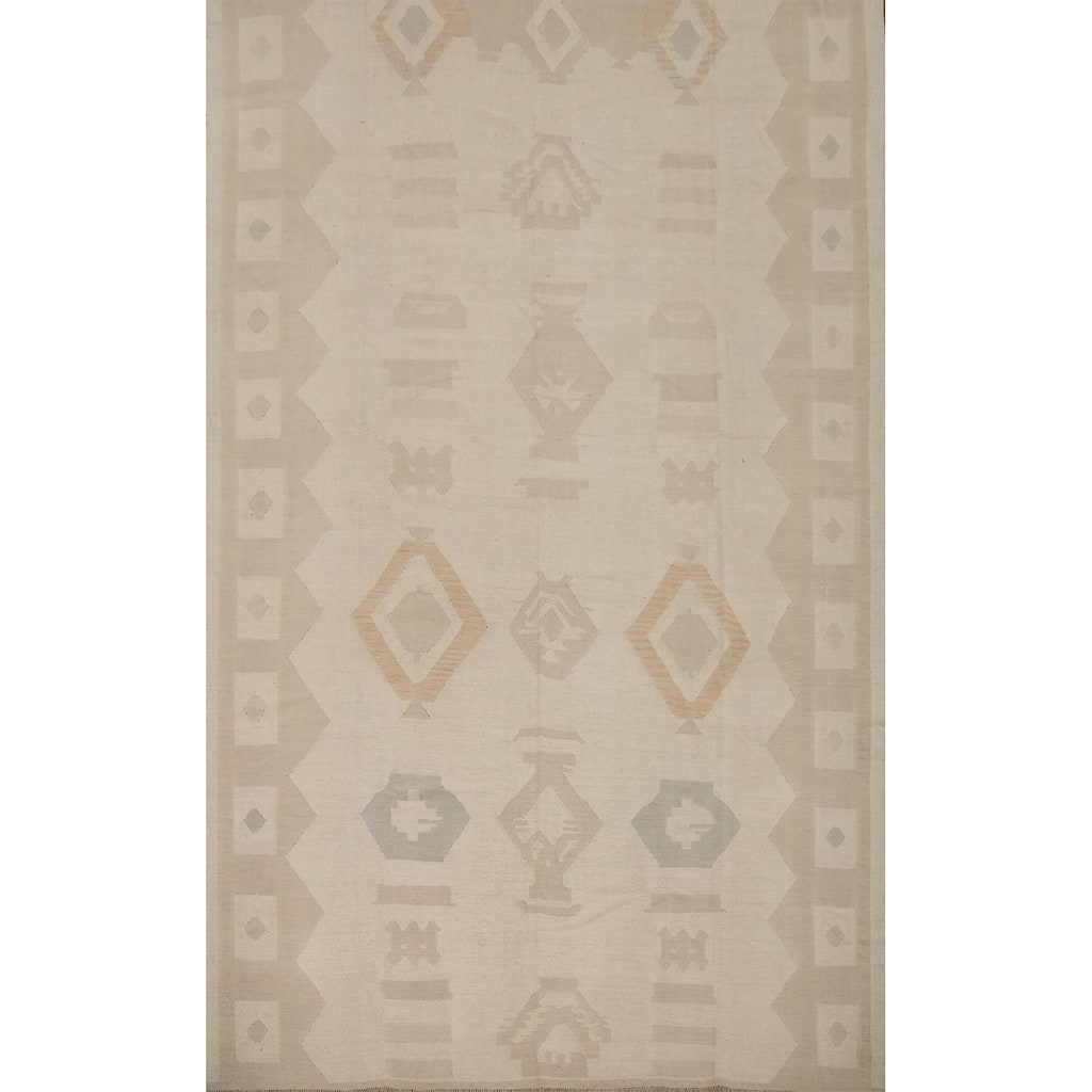 Hand Woven Oriental 100% Wool Carpet Southwestern Tribal Beige & Ivories Kilim Area Rug - 11' 8'' X 8' 11''
