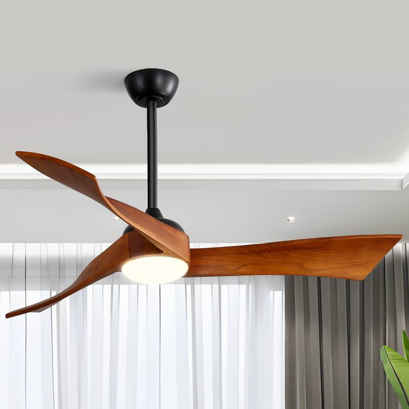 52" Solid Wood Noiseless 3-Blade Ceiling Fans with Dimmable LED Light Optional and Remote, 6-Speed Reversible DC Motor - Black with Brown Solid wood Blades/With lights
