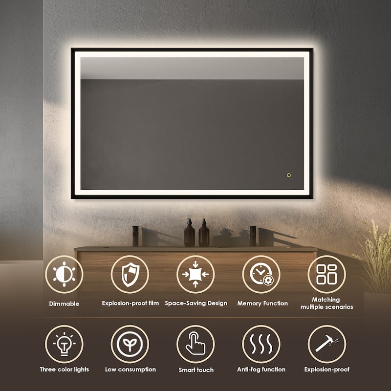 Apollo Rectangular Anti-Fog Dimmable Modern Bathroom/Vanity LED Lighted Wall Mirror in Matte Black Aluminum Framed