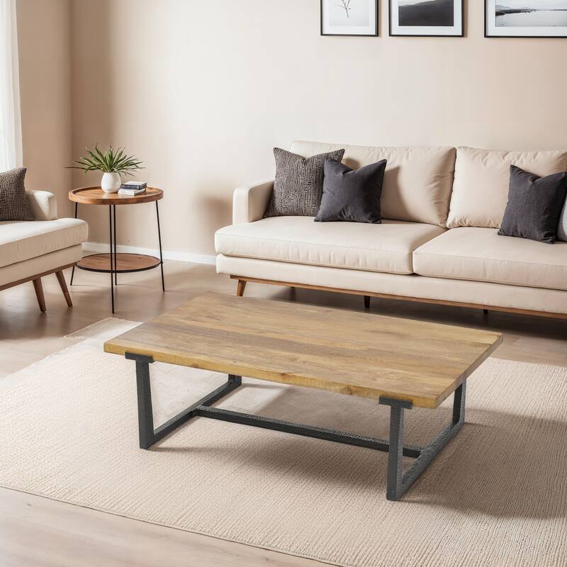 Marlon 48" Coffee Table | Handmade Aluminum Cast Black Frame | Natural Brown Solid Mango Wood Top