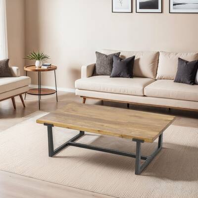 Marlon 48" Coffee Table | Handmade Aluminum Cast Black Frame | Natural Brown Solid Mango Wood Top