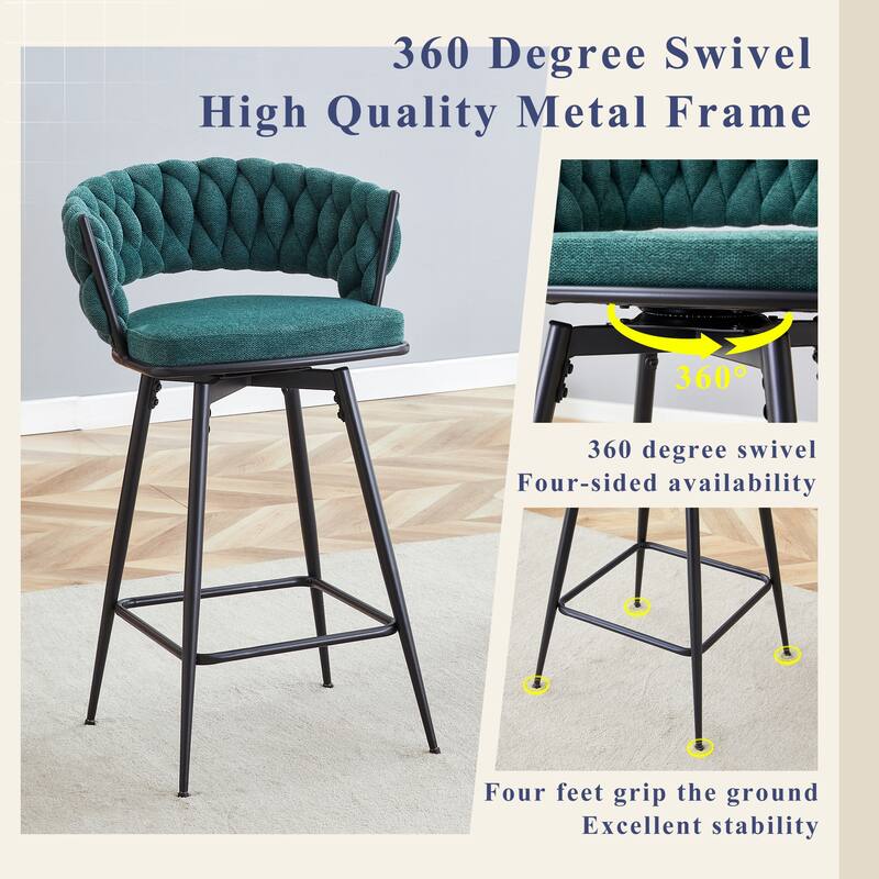Set of 2 Bar Stools with Breathable Cotton and Linen Soft Cushions, Black spray-painted Iron Frame