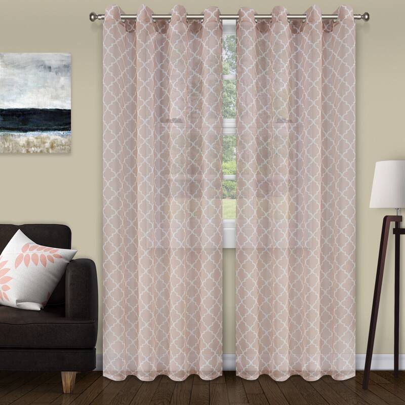 Superior Printed Trellis Sheer Grommet Curtain Panel - (Set of 2) - 52" X 108" - Champagne