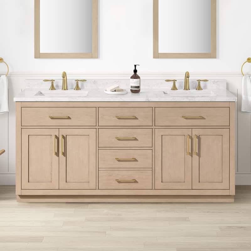 Athea Bathroom Vanity with White Engineered Marble Top - 72" - Sahara Birch with Brushed Gold Hardware