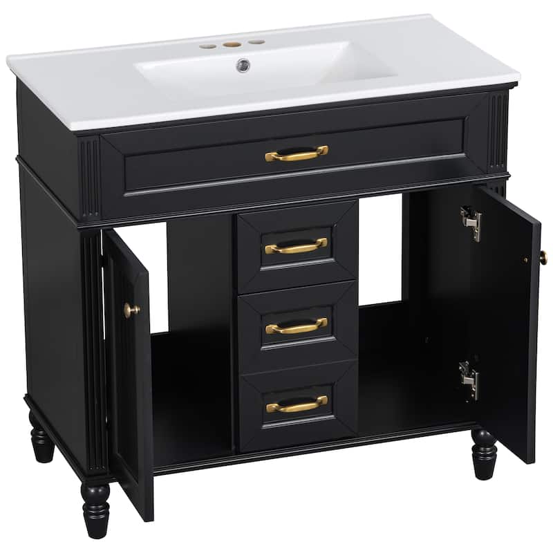 GDF Studio - Sunny Modern Solid Wood + MDF 36-Inch Bathroom Vanity with Ceramic Sink and Flip-Out Drawer