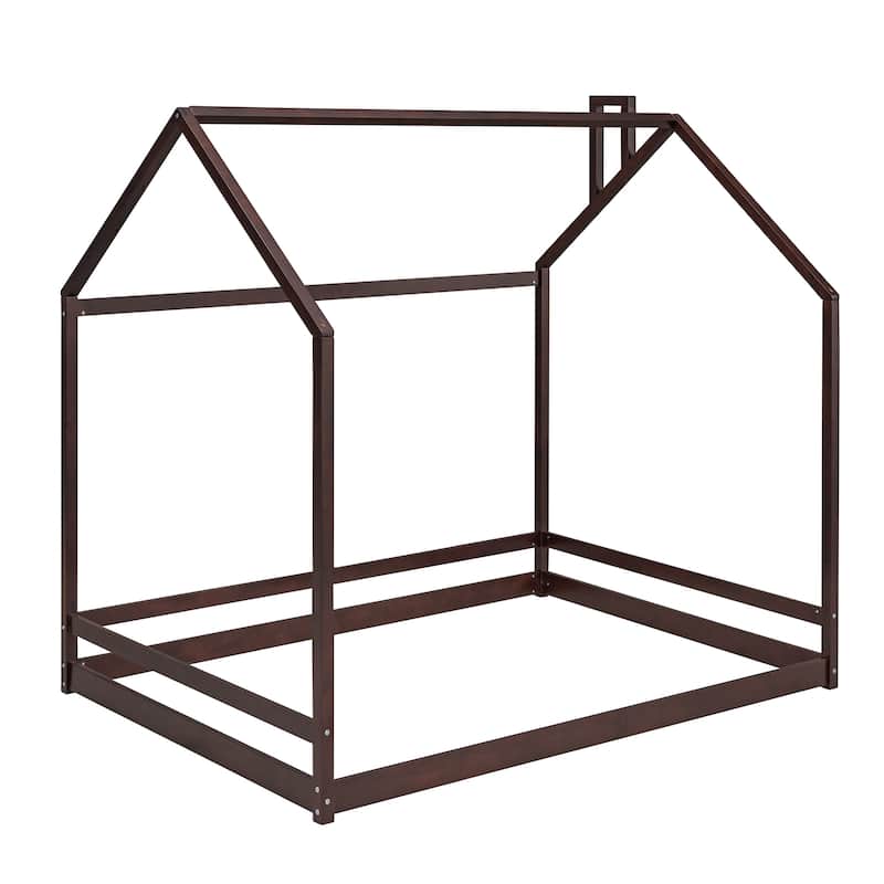 Twin/Full Size Wooden House Bed for Kids, Semi-Enclosed Playhouse Design with Roof, Perfect for Bedroom Fun and Sleep