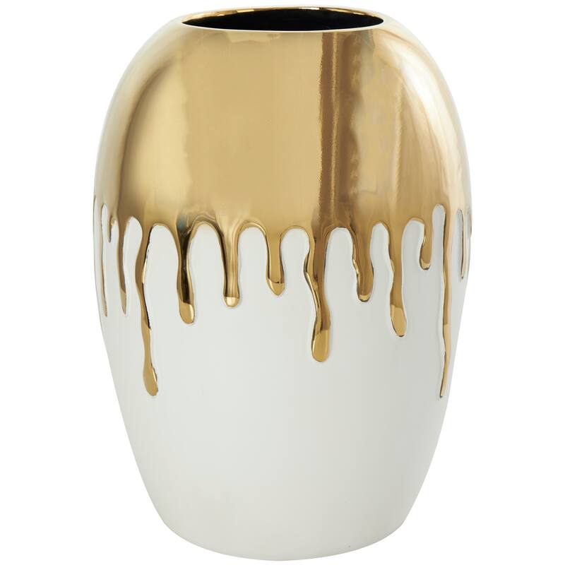 CosmoLiving by Cosmopolitan White Ceramic Decorative Vase with Abstract Gold Melting Drips - 9 x 9 x 13