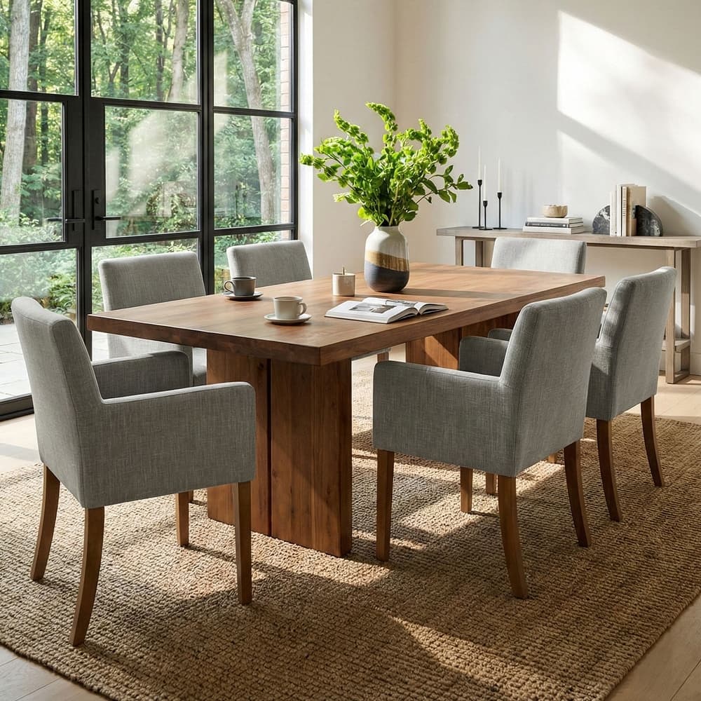 Linen Upholstered Armchairs with Wide Seat, High Back and Solid Wood Legs, Set of 6