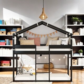 Twin Over Twin Bunk Bed House Shape Wood Bed with Tent - Bed Bath ...