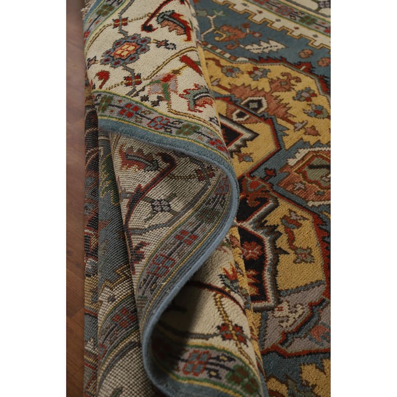 Hand Knotted Oriental 100% Wool Carpet Traditional Medallion Navy Blue & Blues Heriz (serapi) Area Rug - 11' 10'' X 8' 9''
