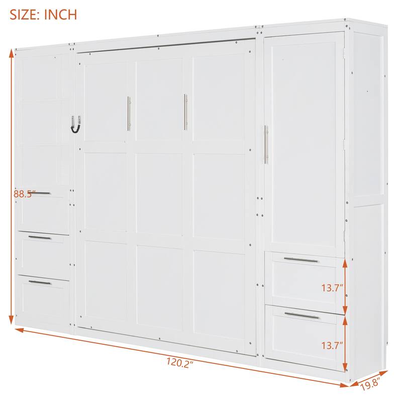 Queen Size Murphy Bed with Closet, Drawers and Shelves - Space Saving Wall Bed with Storage Cabinets