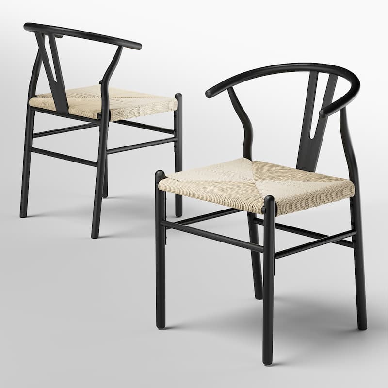 Set of 2 Handwoven Boho Dining Chairs - Black-2Set