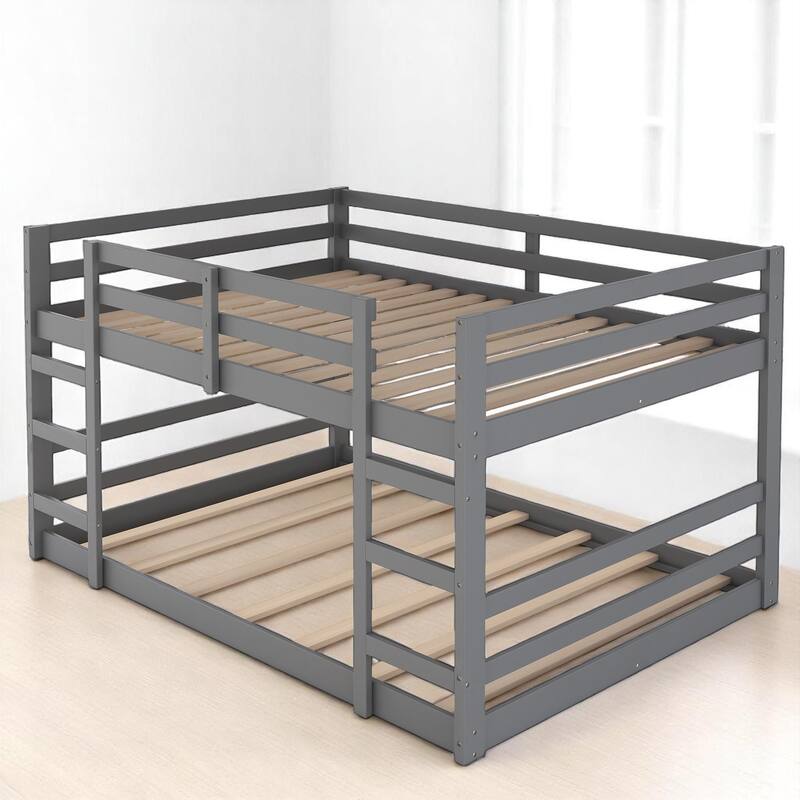 Full Over Full Bunk Bed with Ladder and Guardrails, Solid Wood Frame, No Box Spring Required