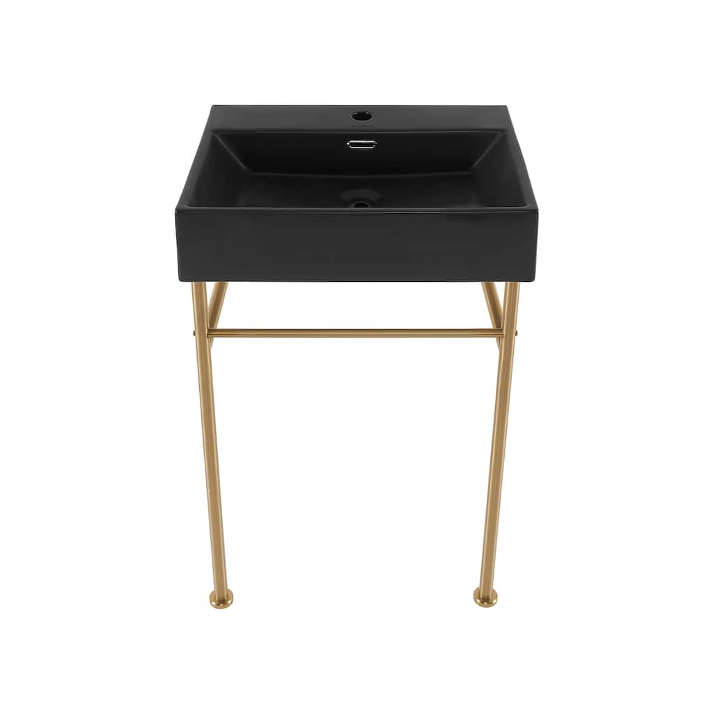 Reims 24 Ceramic Console Sink Matte Black Basin Brushed Gold Legs - 16.55" x 35.45" 24"