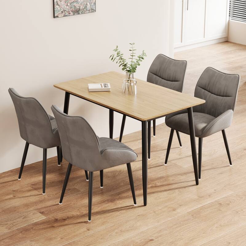 Modern Dining Table & Chairs Set with 4 Gray Plush Chairs - Gray Wood