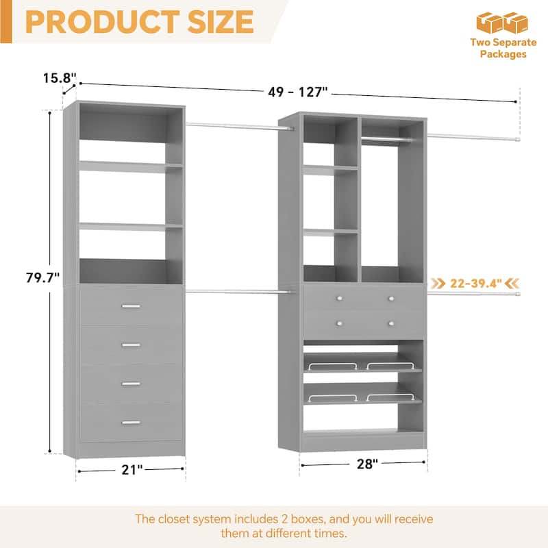 Set of 2 Closet Organizer System with Wood Drawers, Amoire Wardrobe with Hanging Rods