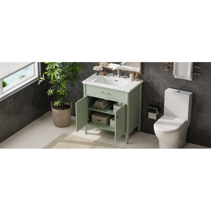 Bathroom Vanity with Ceramic Sink, Wooden Bathroom Storage Cabinet, Bathroom Cabinet with Soft Close Doors & Adjustable Shelf