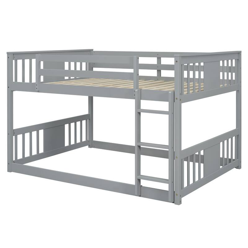 Full Over Full Bunk Bed with Ladder in Gray - Space Saving Twin Sleeper with Solid Wood Frame