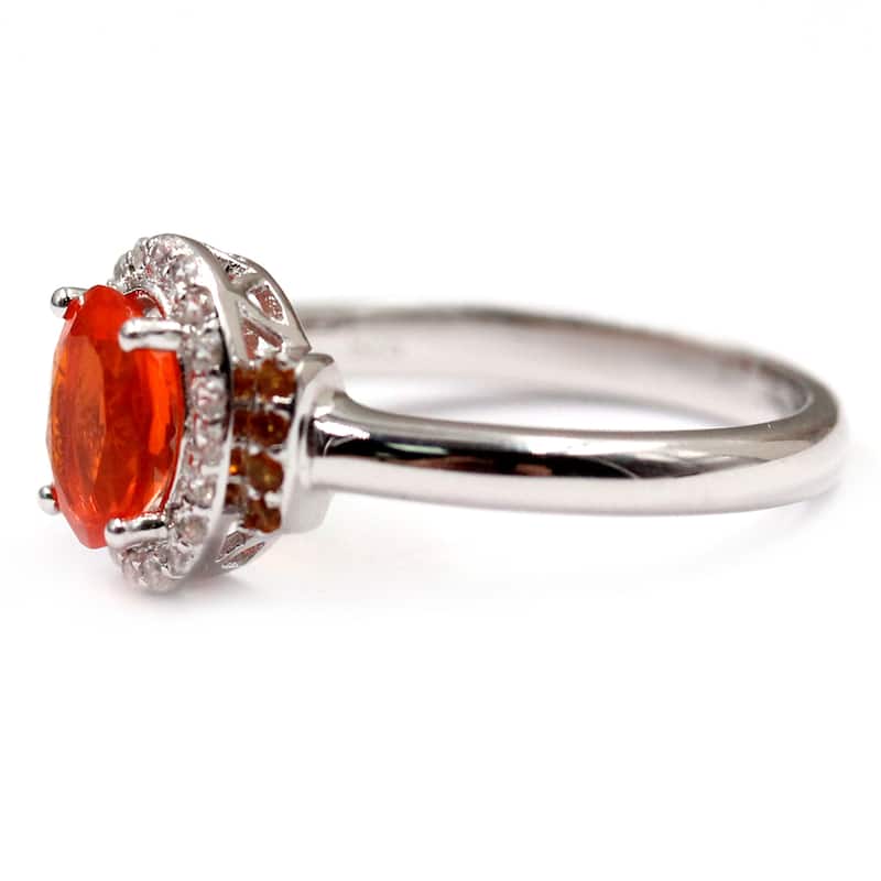925 Sterling Silver Madeira Orange Opal and White Natural Zircon Ring