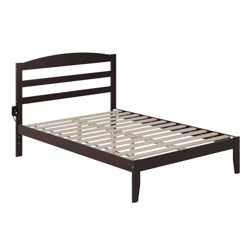 Full Platform Bed - Solid Wood, Espresso Finish - Minimalist Design with Headboard & Charging Station