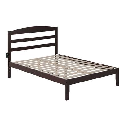 Full Platform Bed - Solid Wood, Espresso Finish - Minimalist Design with Headboard & Charging Station