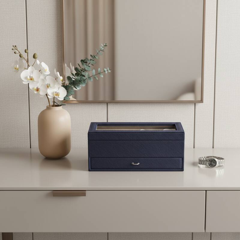 9" Blue And Clear Faux Leather And Glass Four Section Watch Box With Metal Accents - Clear/Blue