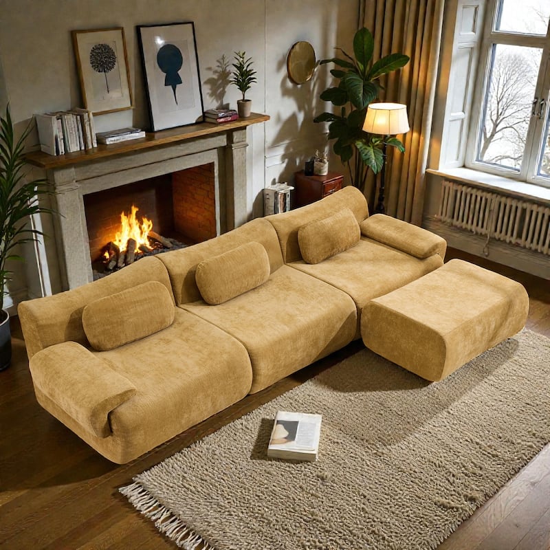 Modular Chenille Sofa Set with Armchair, Extra Large Deep Seat 3 Seater Compression Couch with Pillows