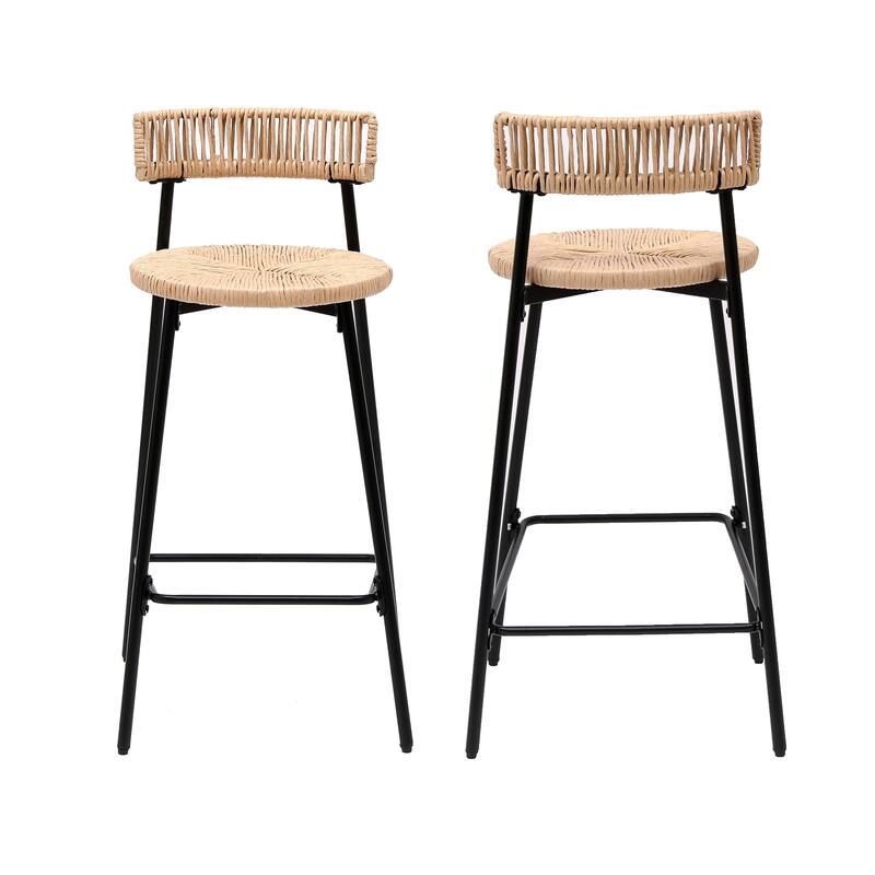 Outdoor Handwoven Paper Rope Bar Stools Set of 2, Boho Round Dining Pub Chairs with Metal Frame & Non-Slip Mats
