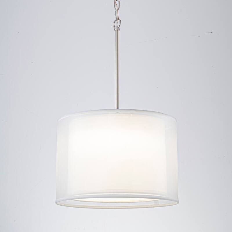 Modern 1-Light Double Fabric LED Pendant Light, 18W Warm 3000K, Satin Nickel/White for Dining Room - 1 Light