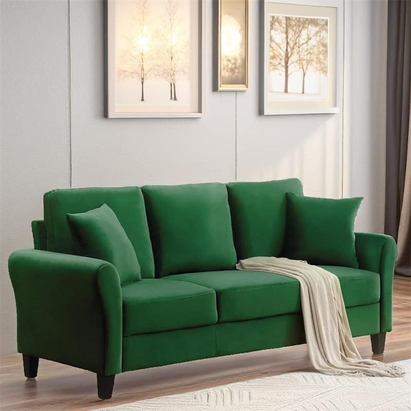 Modern 3 Seater Velvet Sofa with Plastic Legs and Pillow