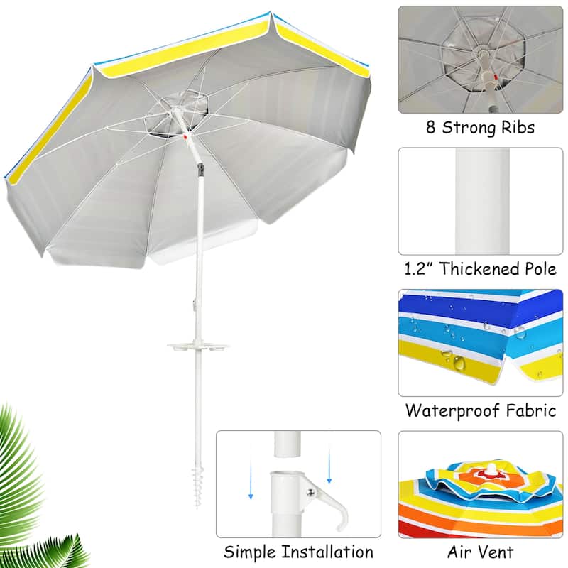 Costway 7.2 FT Portable Beach Umbrella Tilt Sand Anchor Cup Holder - 7.2' x 7.2'