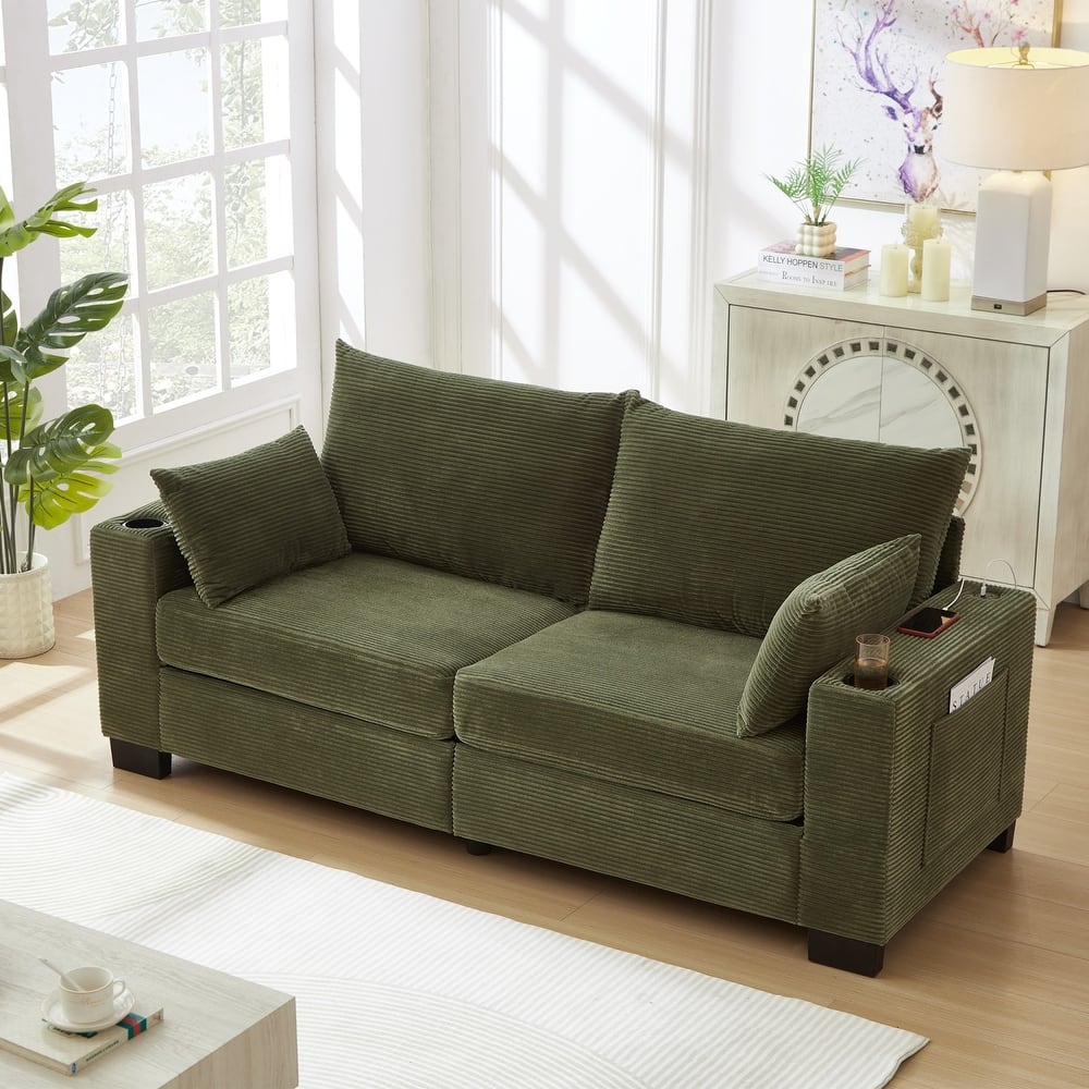 78" Corduroy 3-Seater Sofa with USB Ports, Cup Holders and Side Pockets
