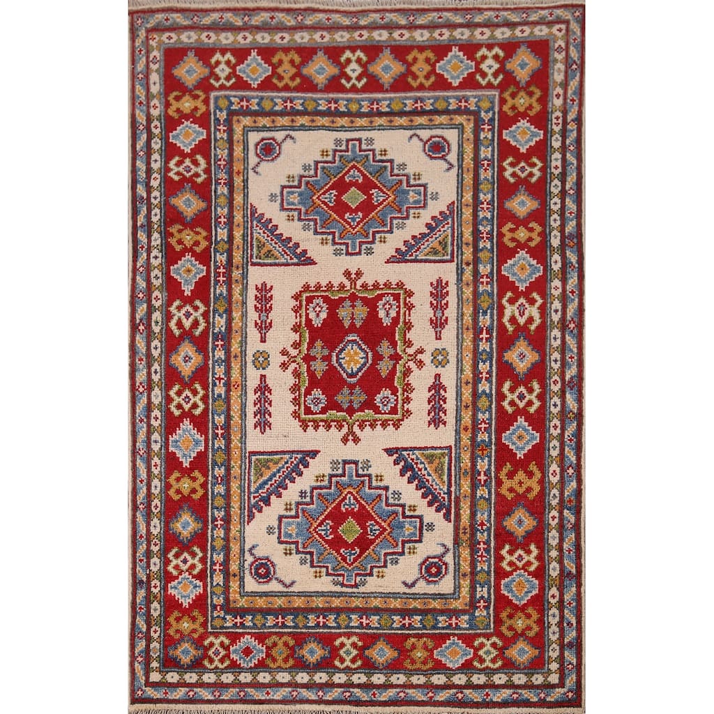 Geometric Kazak Oriental Foyer Rug Hand-Knotted Beige Wool Carpet - 2'9" x 4'3"