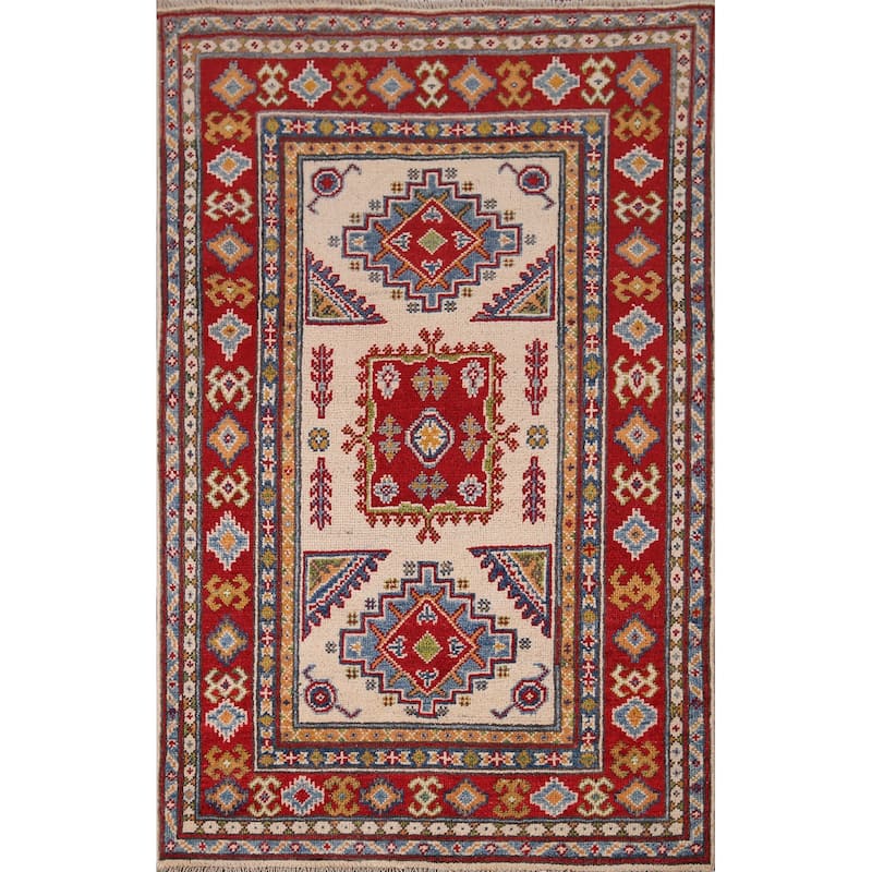 Geometric Kazak Oriental Foyer Rug Hand-Knotted Beige Wool Carpet - 2'9" x 4'3"