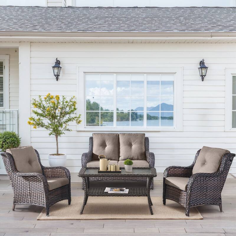 Outdoor Patio Chairs with Loveseat Coffee Table - Grey - Brown