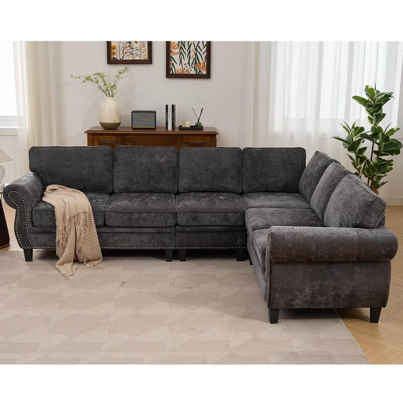 109.5" Modular Sectional Sofa, L Shaped, Chenille, 6 Seater, Dark Gray
