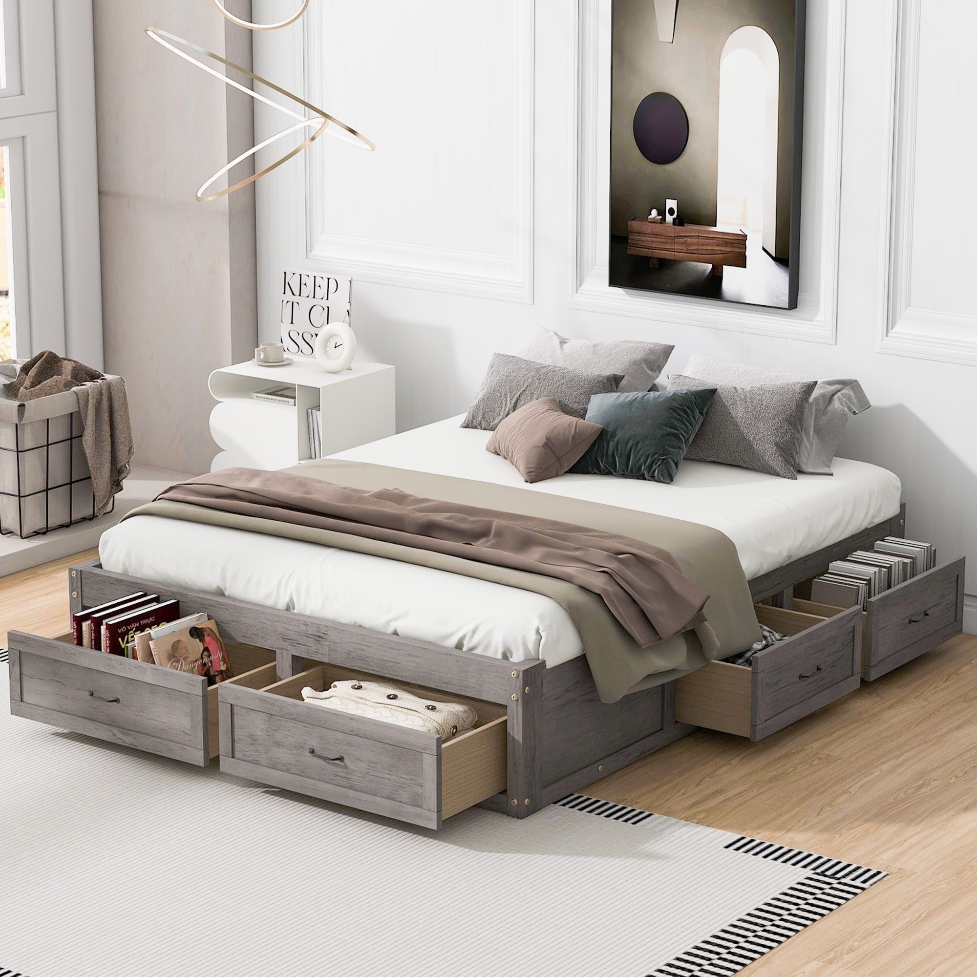 Queen Size Without Headboard Platform Bed with 6 Storage Drawers Natural