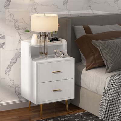 White/ Gold wood Modern Nightstand Bed Side End Table with 2 Drawers