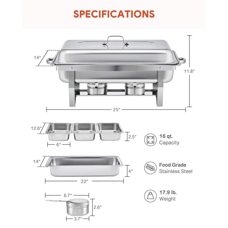 8QT 3-Pan Stainless Steel Rectangle Chafing Dish - 2 Piece