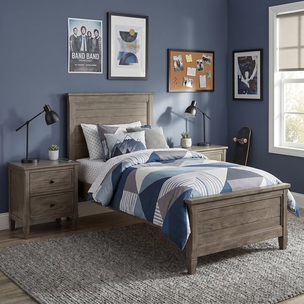 slide 2 of 17, Furniture of America Lanister 3-Piece Wood Wire-Brushed Warm Grey Kids Panel Bed and 2 Nightstands Set