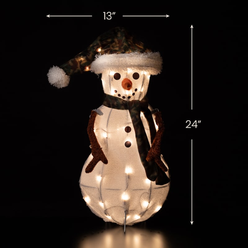 24" Lighted White Green Chenille Snowman Outdoor Christmas Decoration