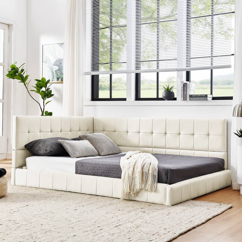 Full Size Daybed Grounded Bed Velvet Upholstered Tufted Bed Frame with L-shaped Backrest & Armrests for Livingroom or Bedroom