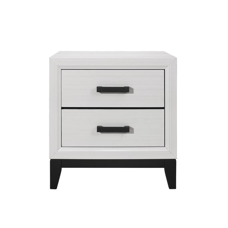 Modern 2-Drawer Nightstand with Kennin Center Glide, Grey Foil Finish and Black Hardware - White