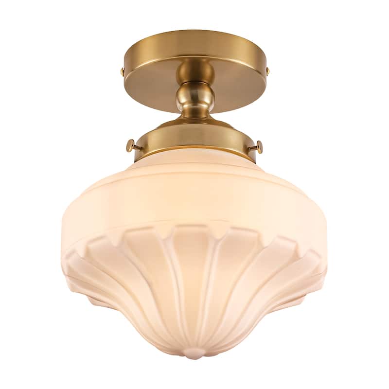 8.7 in. 1-Light Retro Black/Antique Gold Ice-Cream Shaped Semi-Flush Mount Ceiling Light with Opal Textured Glass Shade