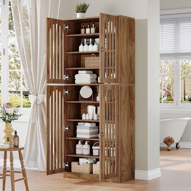 70.8 Inch Tall Bookcase with 4 Slatted Doors, 9-Tier Farmhouse Bookshelf with Storage Shelves